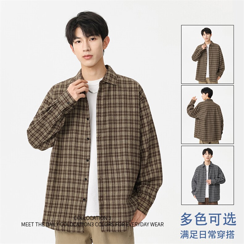 GENIOLAMODE美式vintage格子衬衫男长袖宽松秋季衬衣潮牌休闲外套,男装衬衫,星座1107-1