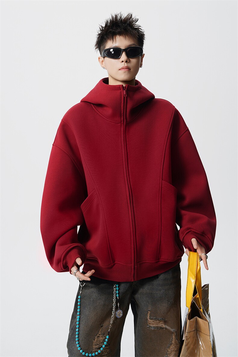 8XL-M休闲复古潮美式重磅连帽宽松安克拉红色卫衣外套WY34P8,女装短外套,电商D206-1