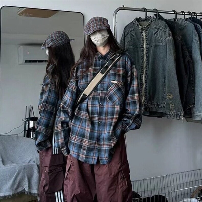 复古格子长袖衬衫男女通勤春秋季设计感翻领小众宽松格纹衬衣外套,男装衬衫,星座506A