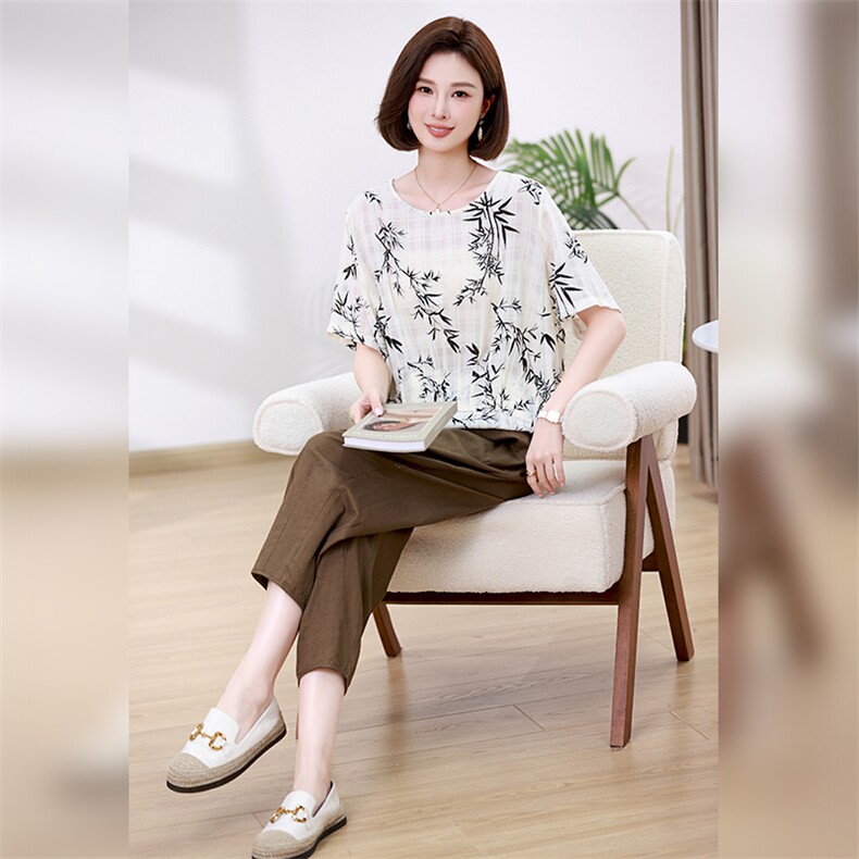 优雅印花宽松两件套女夏装新款时尚休闲裤套装,女装套装/套裙,叶笙衣