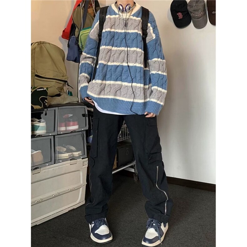 条纹针织衫女秋季破洞不规则设计感小众宽松中长款慵懒风毛衣上衣,男装针织衫/毛衣,星座506A