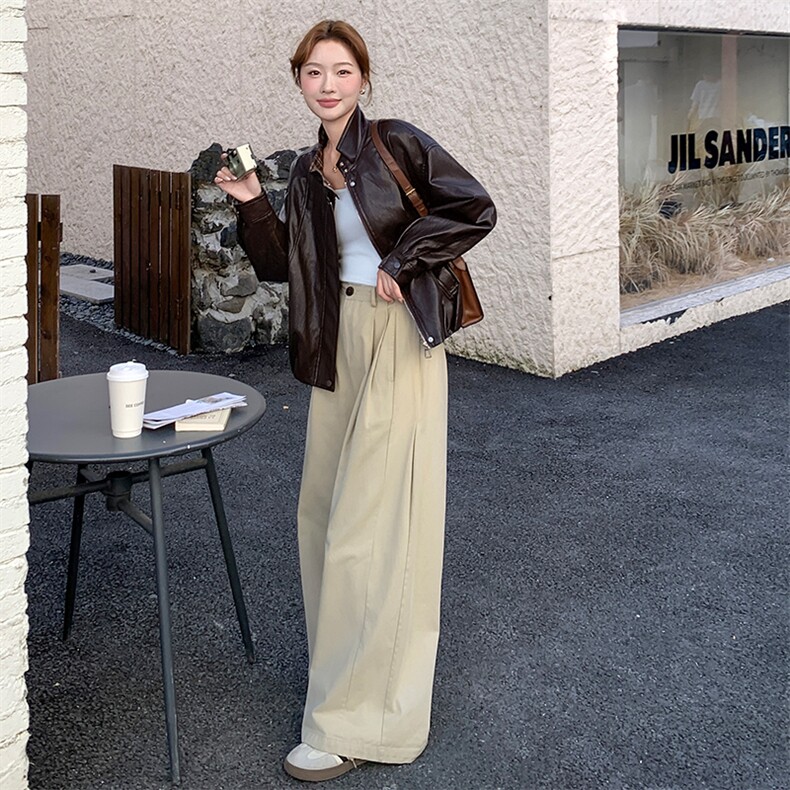 咖色格子拼接皮衣外套女秋季2025新款韩版宽松显瘦夹克上衣,女装短外套,纯色衣恋