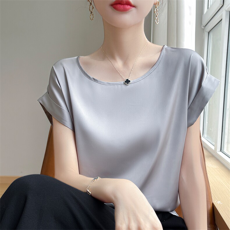 2024年夏季纯色套头圆领时尚气质百搭简约上衣,女装衬衫,绒宛羊绒