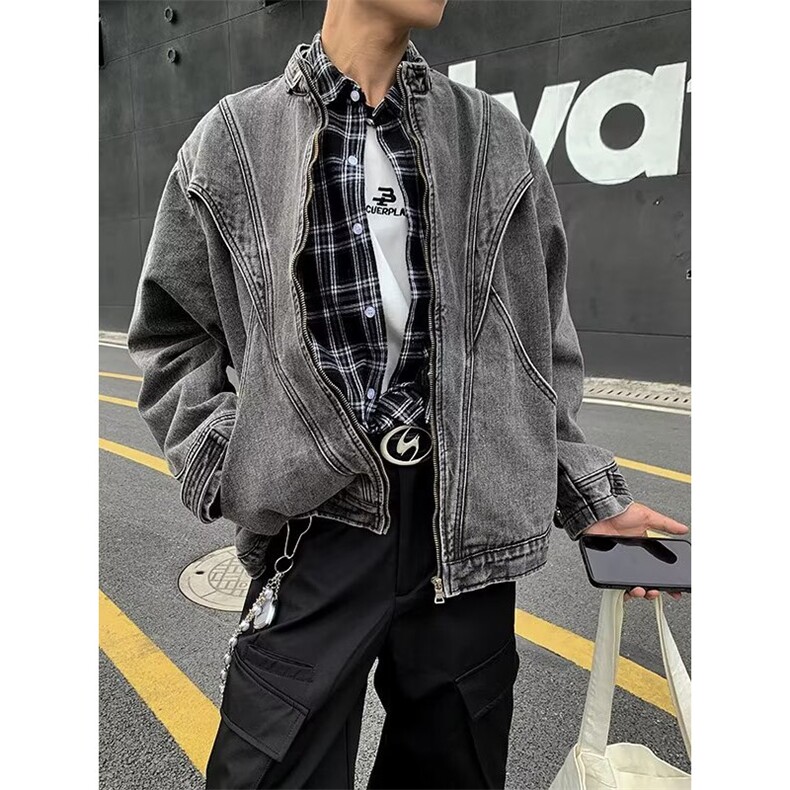 龟甲活页复古牛仔夹克男cleanfit简约高级设计感立领外套,男装夹克,星座1013