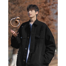 1506-1/KGW66041/P59黑色工装牛仔夹克男春秋款潮牌休闲宽松百搭，男装夹克，星座1506-1