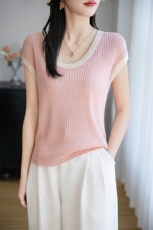 设计感上衣针织短袖女夏季薄款天丝t恤2025新款宽松拼色圆领体恤，女装T恤，菲奥羊绒