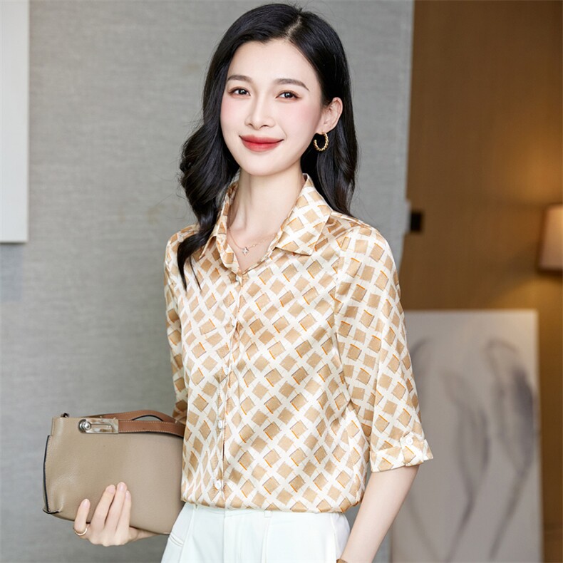 杭州真丝衬衫女五分袖中袖重磅桑蚕丝上衣衬衣气质夏装中年妈妈装,女装衬衫,阿舍尔精品