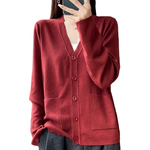 25春秋新款精仿羊毛开衫女V领拼色长袖简约韩版宽松外套针织上衣图片