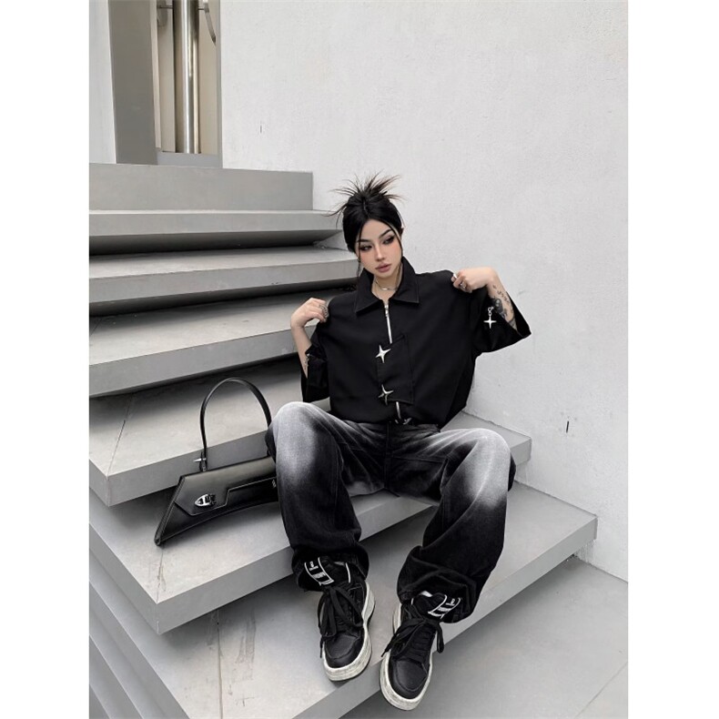 美式复古小众拉链设计感短袖衬衫男夏季潮流宽松高级感开衫外套潮,男装衬衫,星座601-2