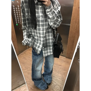 CSG23LL-特P48美式复古扎染格子衬衫男设计感小众衬衣
