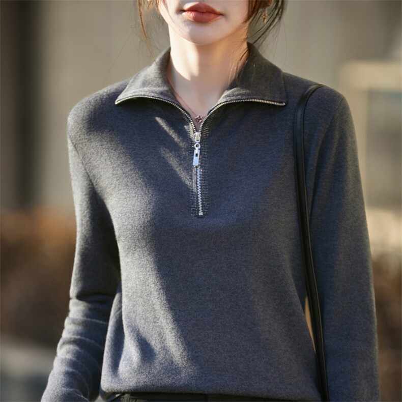 2026年秋季时尚百搭通勤百搭通勤休闲百纳拉链翻领，女装羊毛衫，凯思米羊绒