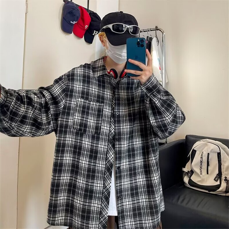 DP01-P39春夏男士时尚格子衬衫韩版宽松长袖潮流休闲外穿衬衣,男装衬衫,电商B323A