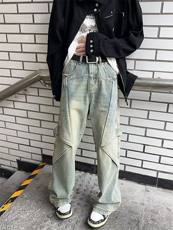 泥黄色工装牛仔裤男春秋季美式高街阔腿裤设计D8101P52，男装牛仔裤，星座1116-2