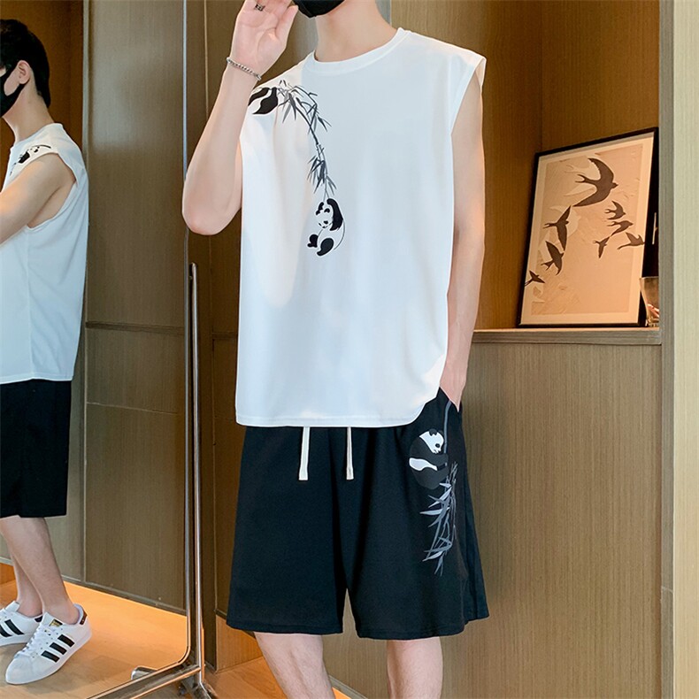 TZ126-P48 风印花新款港风青少年男生无袖套装学生背心短裤图片