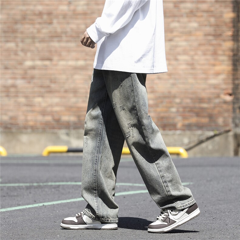 牛仔裤男夏季潮牌ins高街嘻哈休闲痞帅阔腿港风拖地长裤N0526-P45图片