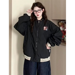 撞色连帽冲锋衣外套男女短款春秋休闲宽松显瘦夹克上衣 JV178图片