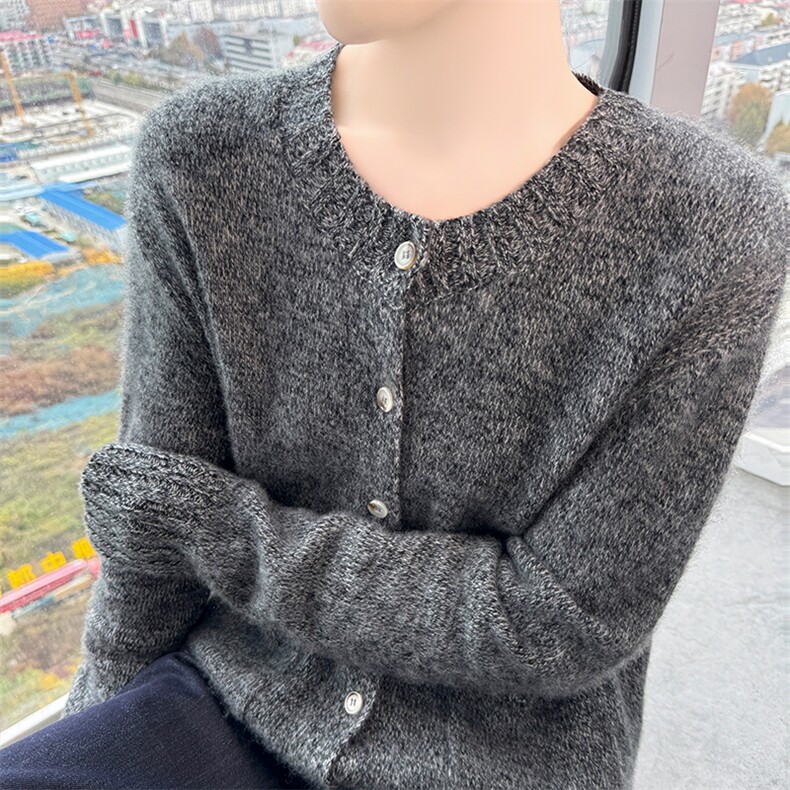 三五七针花纱加厚开衫2024年秋季圆领,女装羊毛衫,百越羊绒