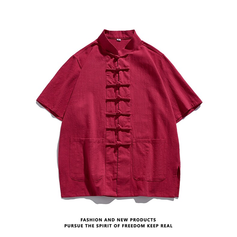 现货主推棉麻衬衫唐装一字扣短袖T中风半袖男上衣CS08-P55，男装衬衫，星座217-5