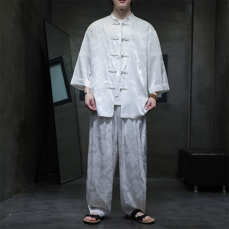2025夏季新款风复古七分袖立领衬衫休闲长裤套装TZ100-P110,男装休闲套装,电商A008