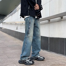 美式高街牛仔裤男韩版潮拉链个性2023秋冬新款ins长裤RK1012-P45，男装牛仔裤，星座412-3
