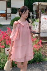 韩版温柔风露肩上衣套装女2025夏季新款薄款衬衣裙显瘦短裤两件套，女装套装/套裙，2C052