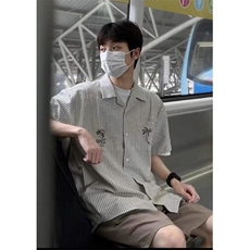条纹半袖衬衫男士夏季新款日系复古短袖衬衣宽松休闲外套CB336，男装T恤，星座1116A（原606A-3）