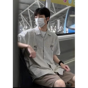 条纹半袖衬衫男士夏季新款日系复古短袖衬衣宽松休闲外套 CB336图片