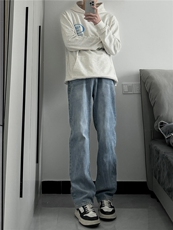 cleanfit裤子高街潮牌水洗微喇叭牛仔裤修身直筒痞帅长裤，男装牛仔裤，星座310A-4