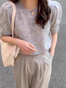 纯色女士简约时尚显瘦潮流针织打底短袖上衣,女装T恤,恩泰羊绒