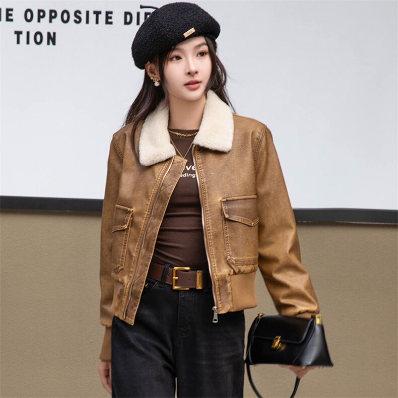 加绒皮衣女2024秋冬新款小个子加厚短款洋气机车服皮夹克棉衣外套,女装皮衣,美拉德工厂直营店