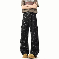 美式风泼墨印花直筒牛仔裤男女高街休闲百搭阔腿裤子KA7117-P52，男装牛仔裤，星座208-5