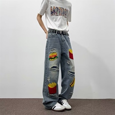 美式汉堡薯条毛巾绣割破牛仔裤男女vibe宽松阔腿长裤RK3138-P57，男装牛仔裤，星座412-3