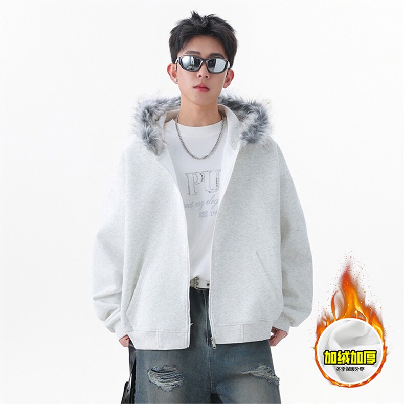 480G重磅加绒硬挺boxy秋冬美式高街超大毛领座山雕连帽卫衣厚外套，女装短外套，电商A486-1