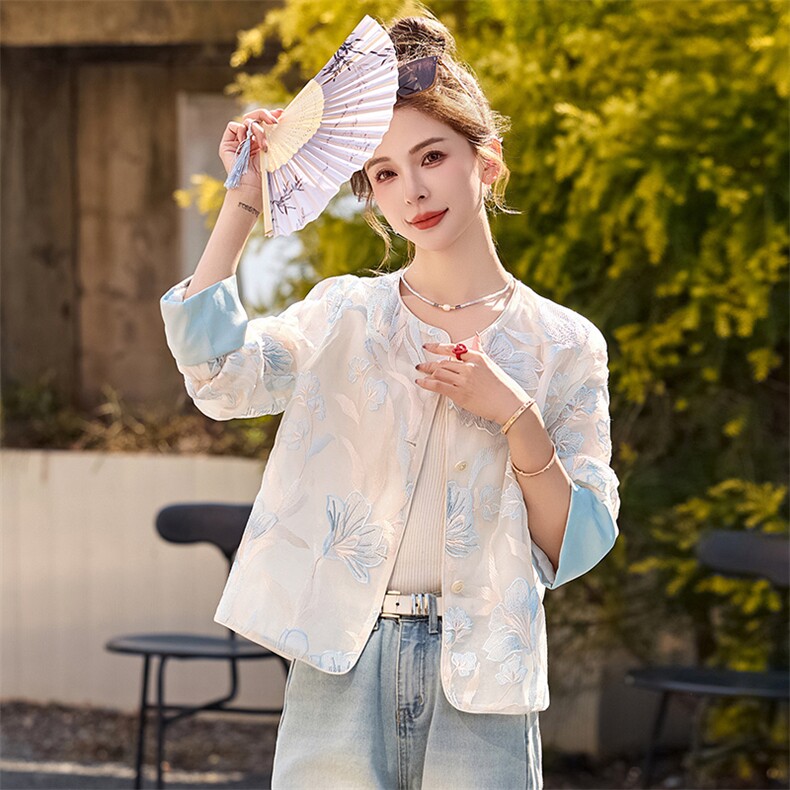 国风刺绣薄款防晒衣外套女2025春夏新款减龄休闲百搭圆领开衫上衣,女装短外套,韩宇舍