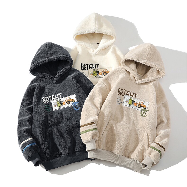 秋冬新款潮男加绒加厚连帽颗粒绒卫衣刺绣拼色羊羔绒外套985-P90，女装短外套，电商A441