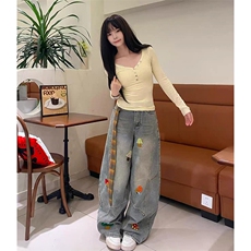 美式高街复古立体刺绣配腰带阔腿牛仔裤男女显瘦直筒弯刀拖地裤潮，男装牛仔裤，电商A486