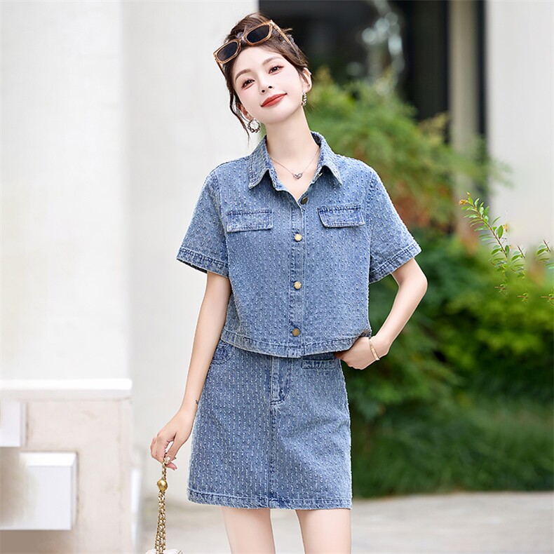 温柔系穿搭时尚薄款提花牛仔套装裙女夏新款显瘦气质小个子两件套,女装套装/套裙,布芭啦