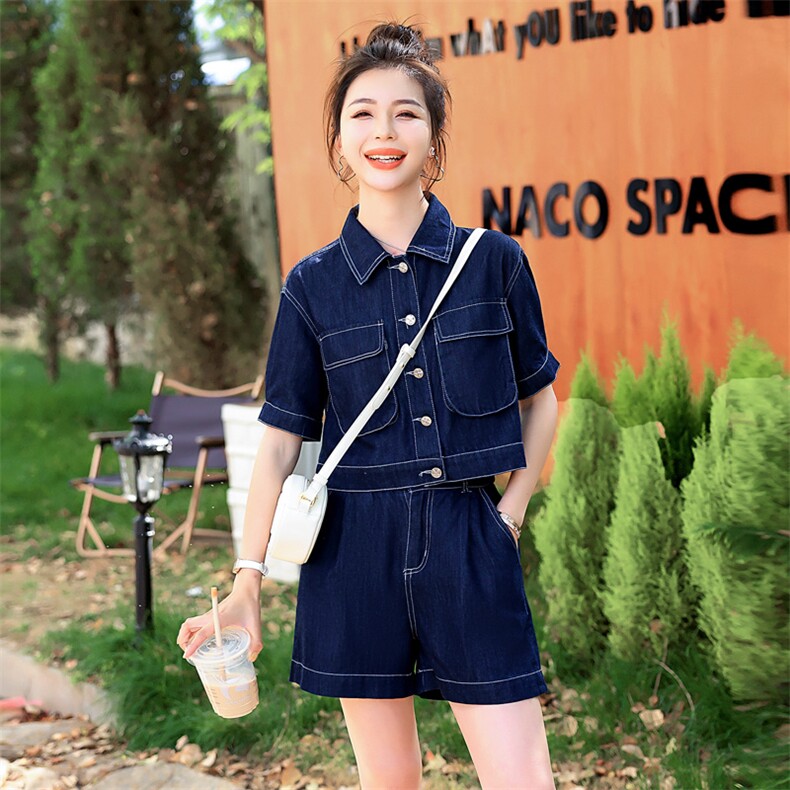 牛仔短裤套装女夏季薄款2025年新款洋气减龄小个子显高显瘦两件套,女装套装/套裙,意芙