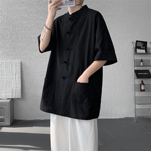 8XL-M 新中式衬衫男中山装麻棉风复古中袖衬衣唐装CS527P60图片