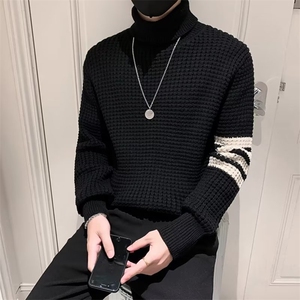 冬季男针织衫打底衫高领四条杠条纹修身套头百搭潮牌毛衣MY558,小红书夏季穿搭图片