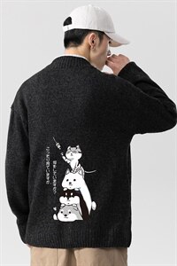 2021秋冬新无影墙日系大码男已注册四只猫印花毛衣针织衫MY11-P45图片
