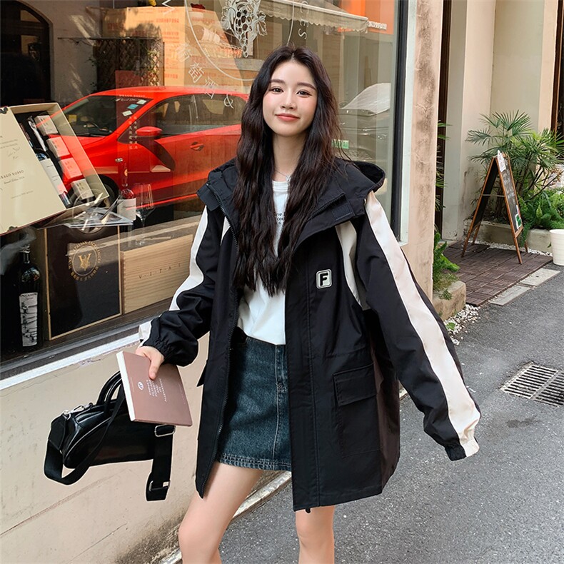 秋季新款设计感撞色中长款连帽宽松冲锋衣2958P155K238,女装风衣,2C029