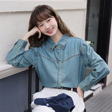 现货可推2024秋装新款镶嵌铆钉水洗柔软牛仔外套气质宽松衬衫女，女装牛仔外套，时尚风爆