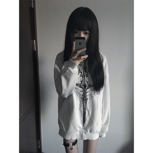 亚文化暗黑系薄款连帽摇滚朋克宽松外套刺青印花上衣女图片