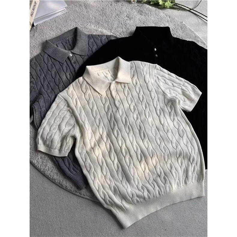 麻花扭绳针织polo衫老钱风短袖文艺无品牌百搭气质新款潮流简约,男装Polo衫,星座410-7