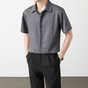 港风夏款男短袖衬衫竖条纹宽松内扣衬衣大码S-4XL CS0008 P38图片