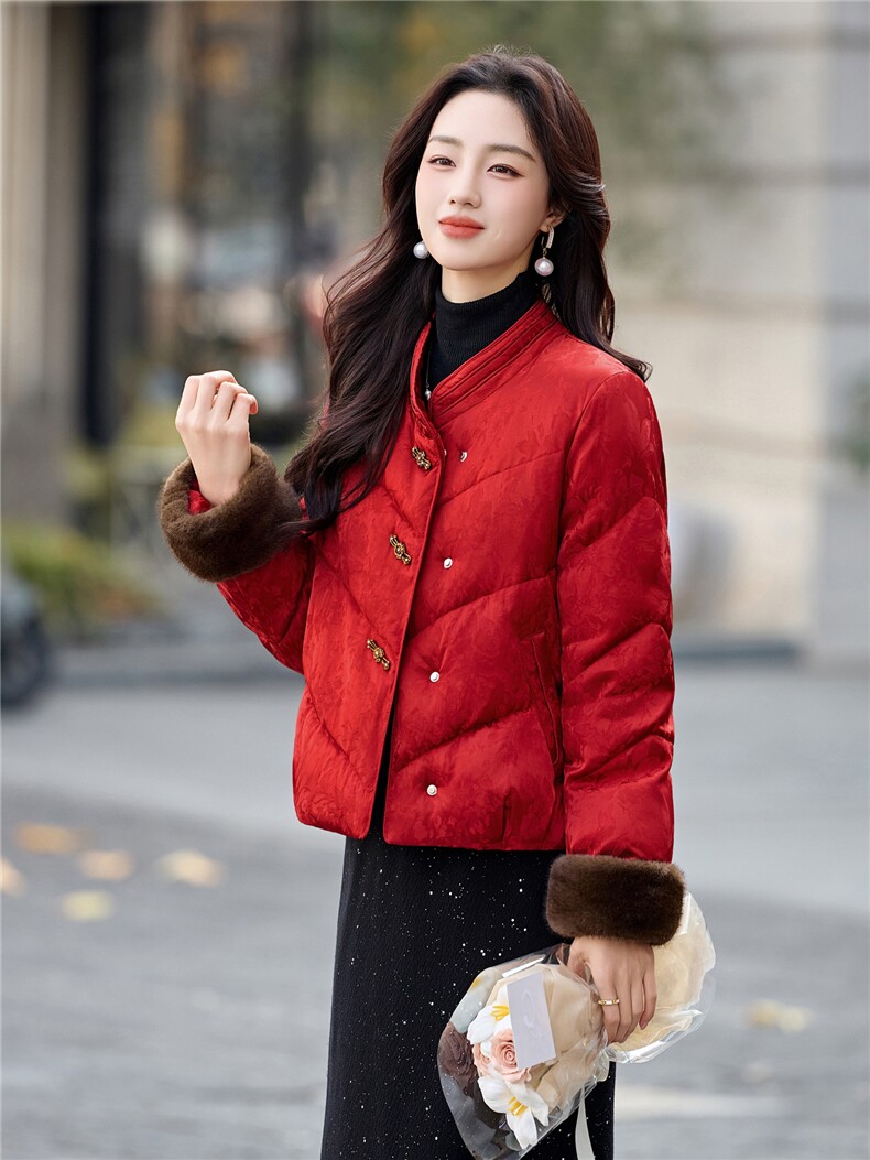 新中式guo风2025年冬季新年主推款可拆卸袖毛暗纹提花气质棉衣,女装棉衣/棉服,乐吉娜