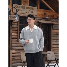 秋冬新款时尚男士翻领上衣休闲风复古拼色毛衣潮流假两件针织衫男，男装针织衫/毛衣，星座506A