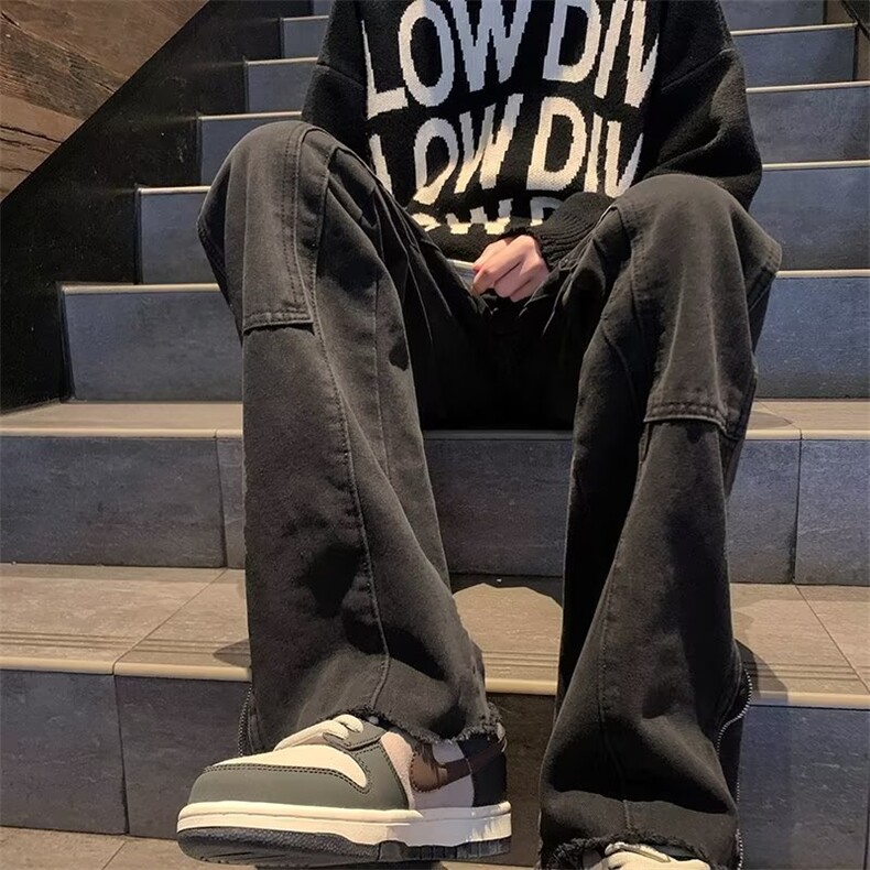 水洗做旧侧开拉链牛仔裤男款潮牌美式高街嘻哈阔腿长裤子H32-p50,男装牛仔裤,星座1008