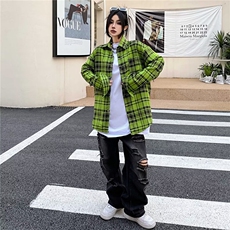 D153-P48春秋潮高街美式情侣宽松绿色衬衣外套格子衬衫，男装衬衫，星座911